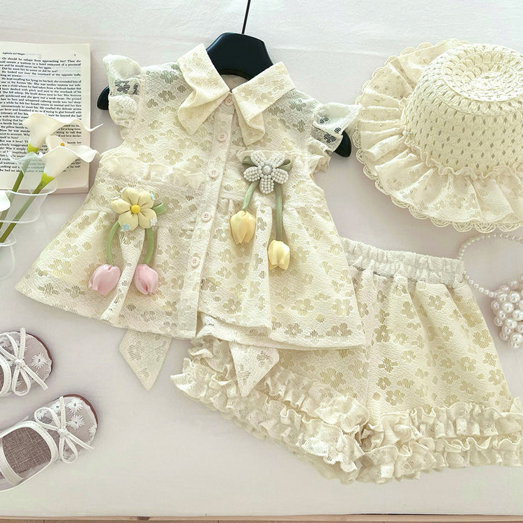 Baby Girls New Fly Sleeve Lace Top Shorts Two-Piece Set