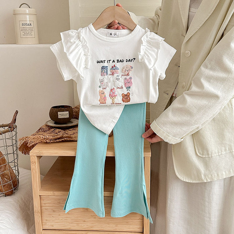 Girls Summer Ruffle Top Flared Pants Two-piece Set