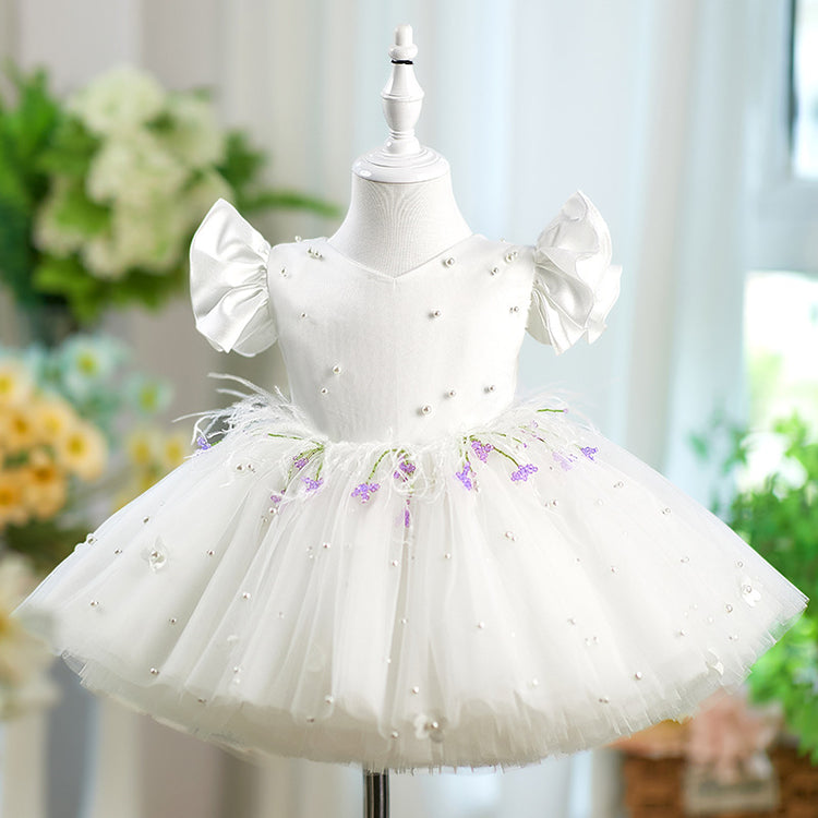 Girls White Communion Princess Dress Flower Girl Bow Dress