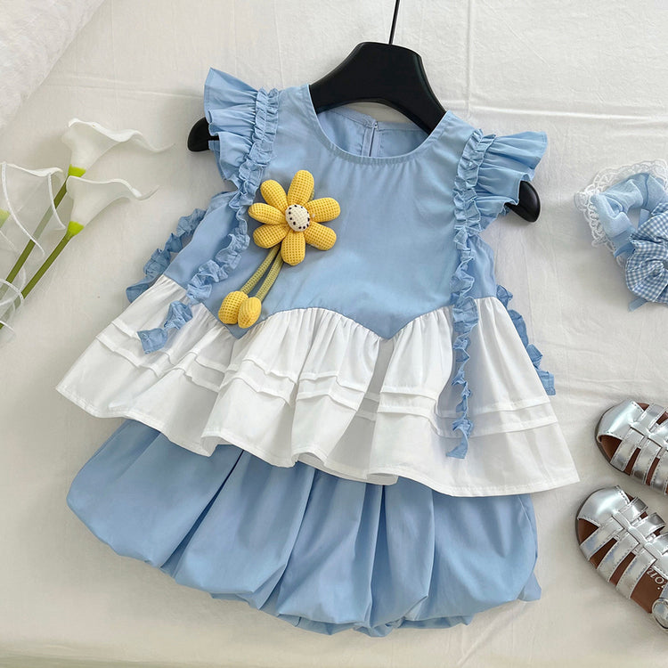 Summer Girls Fluffy Shorts Set Flower Top Two-piece Set