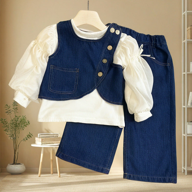 Girls' Denim Vest Bottoming Shirt and Straight Pants Three-piece Set