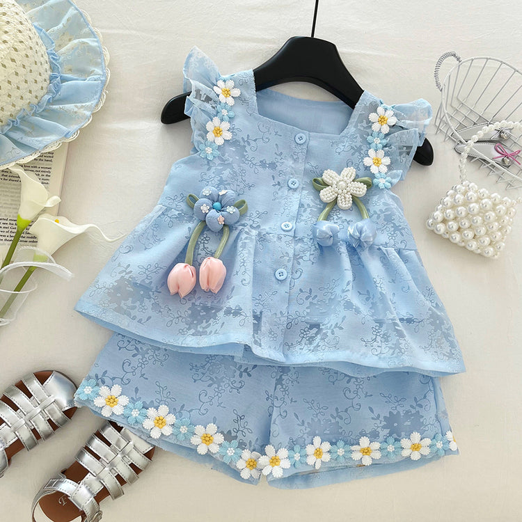 Girls Summer Thin Suit Flower Single-breasted Top Shorts Two-piece Suit