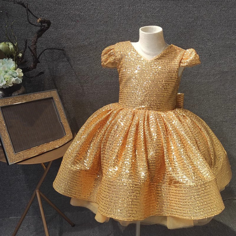 Elegant Baby Girl Gold Sequin Dress Toddler First Communion Princess Dress