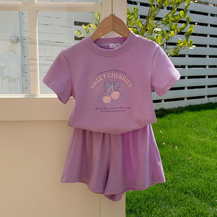 Girls' Waffle Cartoon Round Neck Pullover Sports Two-piece Suit