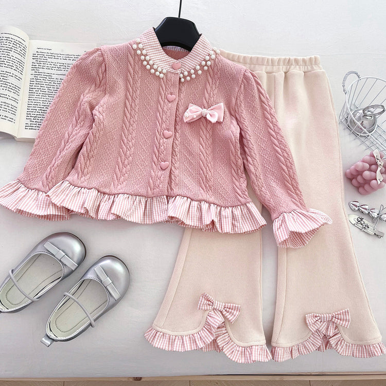 Girls' Knitted Sweater and Flared Trousers Two-piece Suit