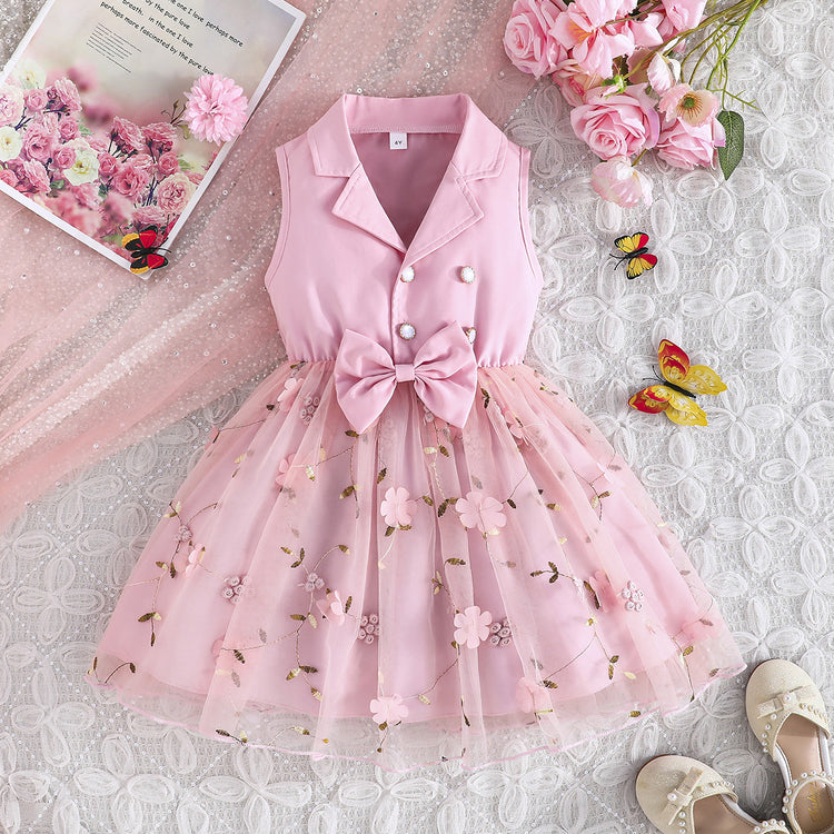 Summer Girls Elegant Bow Flower Embroidery Princess Dress