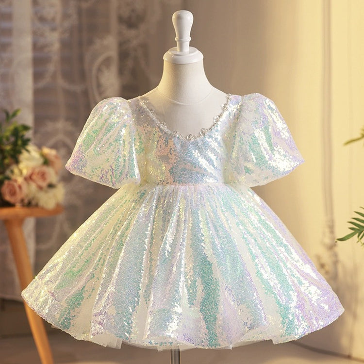Girls Birthday Party Dress Children White Sequin Princess Dress