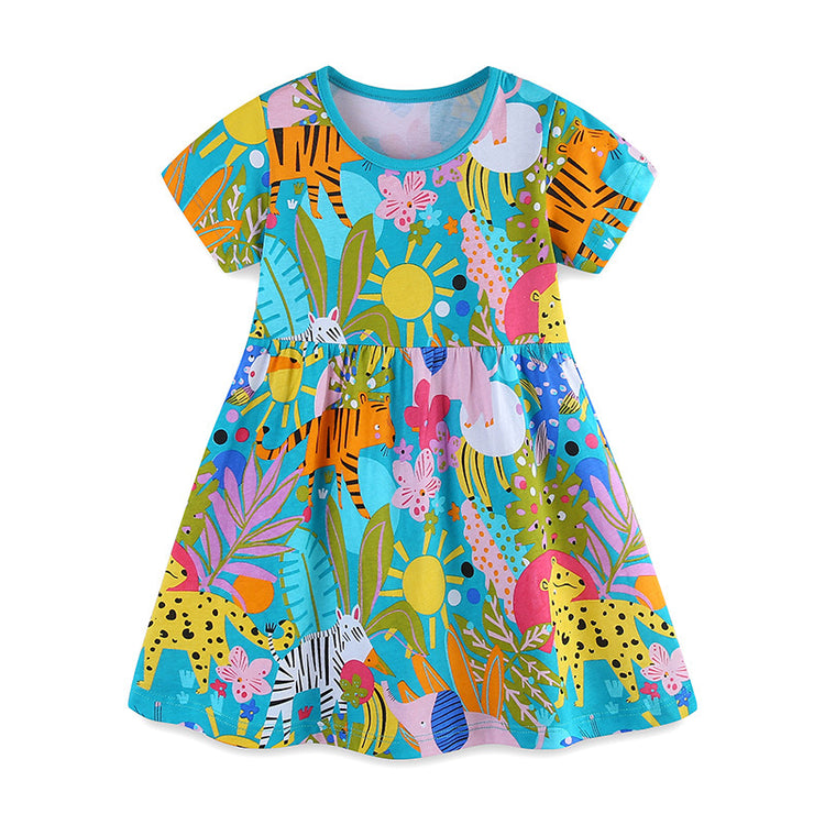 Girls Cartoon Animal Print Round Neck Pullover Princess Dress
