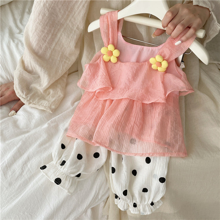 Summer Girls Thin Suspender Polka Dot Pants Two-piece Set
