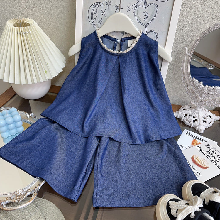 Girls Casual Suit Summer Denim Vest Wide-leg Pants Two-piece Suit