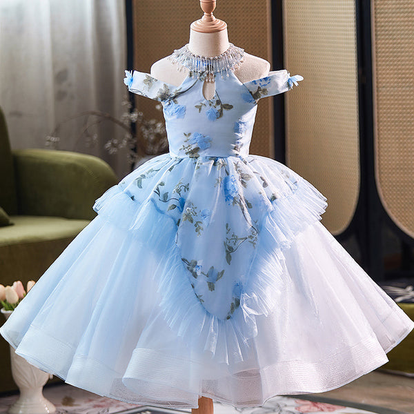 Blue Princess Dress with Flower Embroidery Birthday Dress Blue Princess Dress with Flower Embroidery Birthday Dress