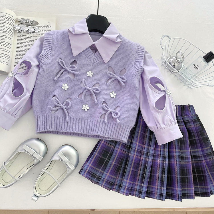 Girls' Knitted Vest Shirt and Plaid Skirt Three-piece Set