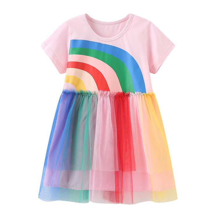 Girls Round Neck Cartoon Printed Mesh Princess Dress