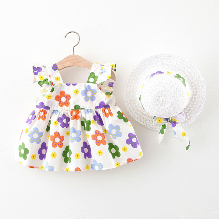 Summer New Girls Cotton Printed Flying Sleeve Dress