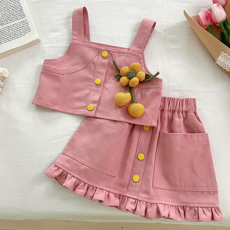 Girls New Denim Overalls Skirt Bottoming Shirt Two Piece Set