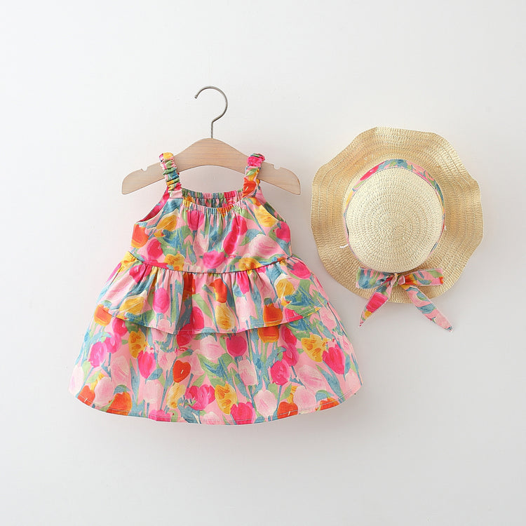 Summer New Girls Printed Suspender Cotton Cake Dress