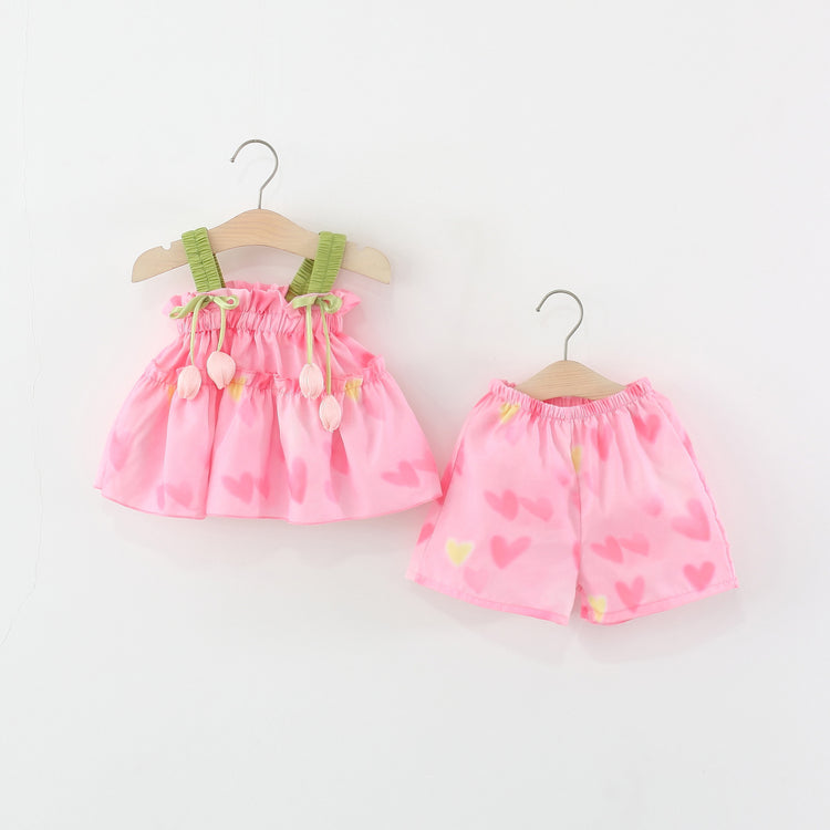 Summer Girls New Tulip Suspender Top Shorts Two-piece Set