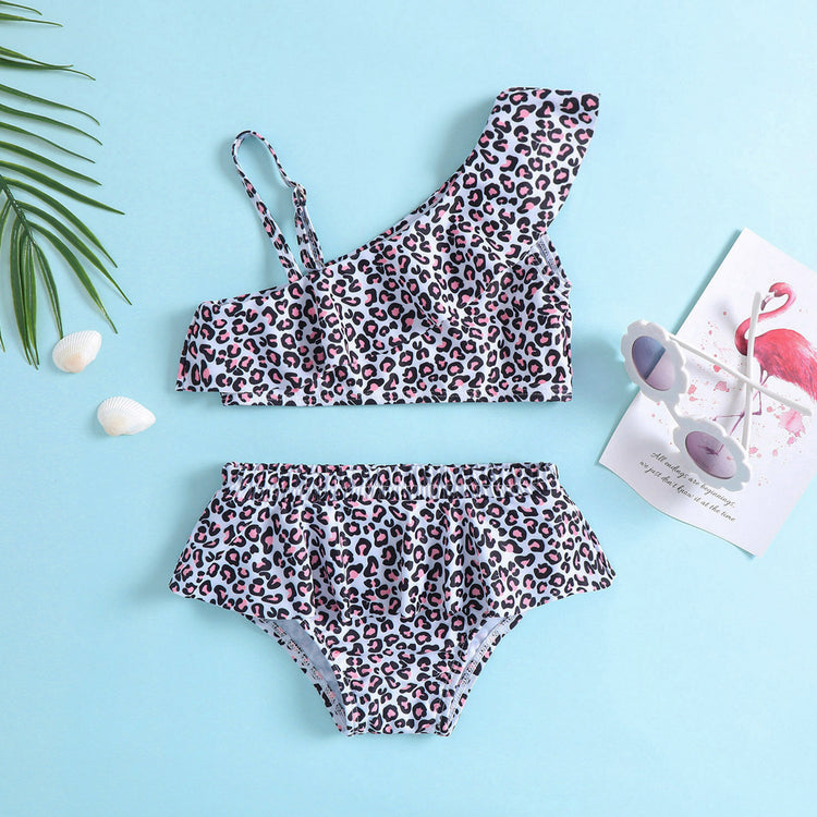 Girls Cute Leopard Print Swimsuit Set