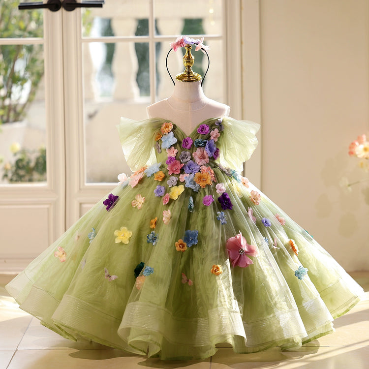 Girls Green Flower Birthday Princess Dress Children's Ball Dress