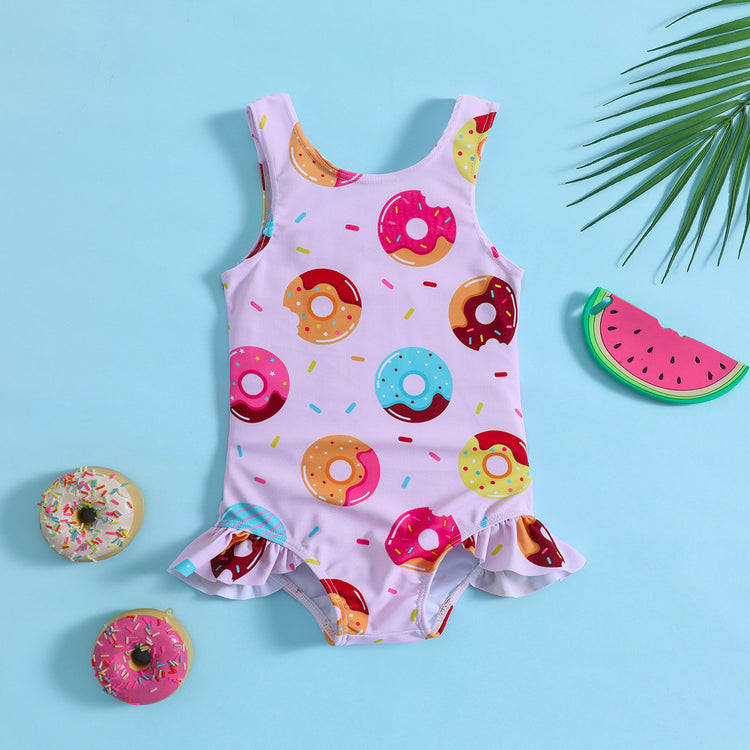 Children's Sleeveless Swimsuit Donut Print Vest One-Piece Baby Girl Swimsuit