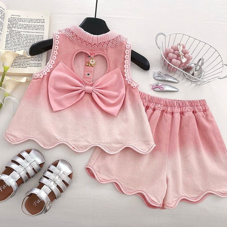 Girls' New Summer Lace Sleeveless Denim Top and Shorts Two-piece Set