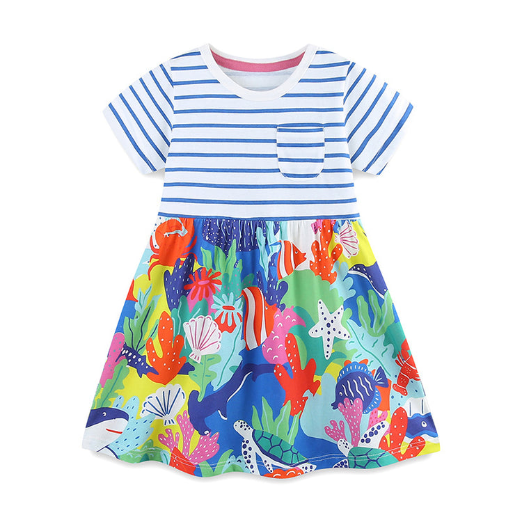 Girls Summer New Knitted Cotton Striped Pocket Princess Dress