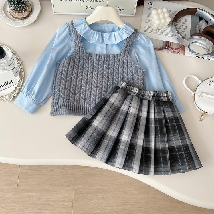 Autumn Girls' Knitted Vest Shirt Pleated Skirt Three-piece Set