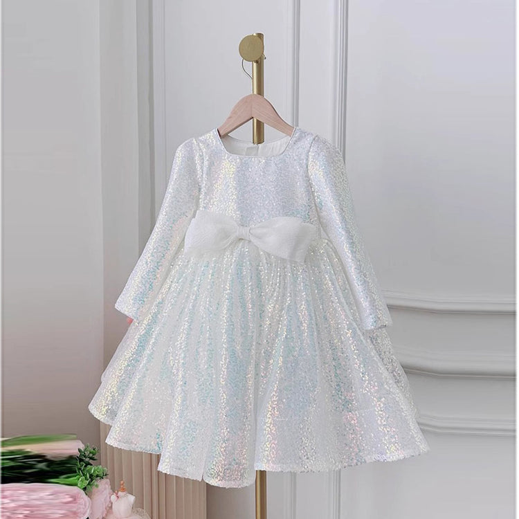 Elegant Baby Girls White Long Sleeve Sequin Bow Dress Toddler New Year's Formal Dress