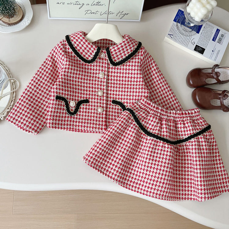New Girls' Lapel Plaid Jacket and Skirt Two-piece Suit
