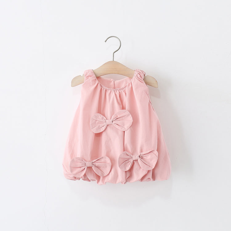 Girls Summer Sleeveless Solid Color Bowknot Flower Bud Princess Dress