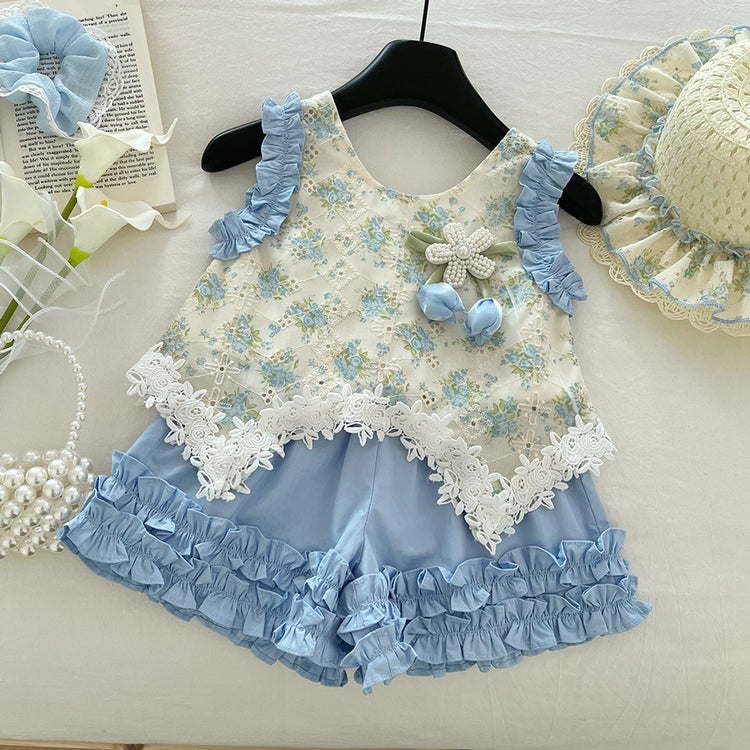 Girls Sleeveless Top Suit Summer Trendy Lace Shorts Two-Piece Suit