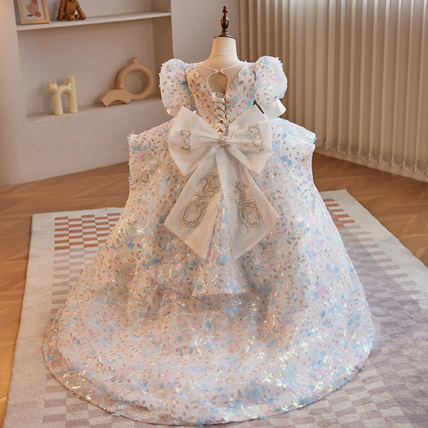 Flower Girl Dress Children Wedding Pageant Sequin Bowknot Fluffy Princess Dress, White / 5-6 Years (130cm)