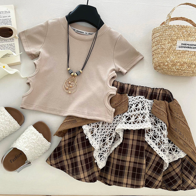 Girls' Summer Ripped T-shirt Irregular Plaid Skirt Two-Piece Set