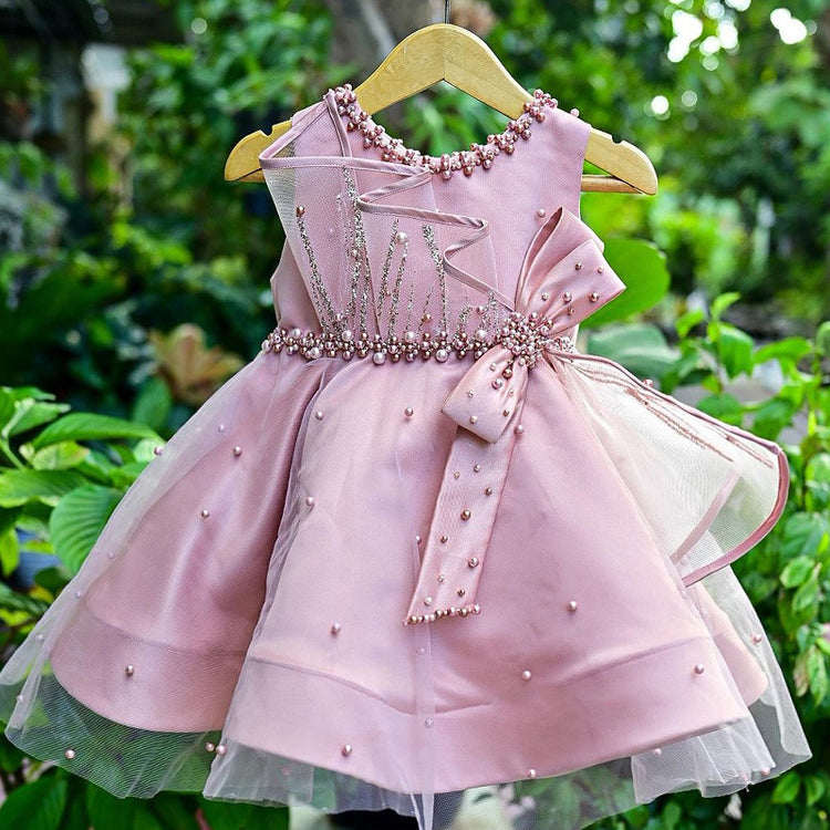 Baby Girl Bead Bow Christening Dresses Toddler Birthday Party Princess Dress