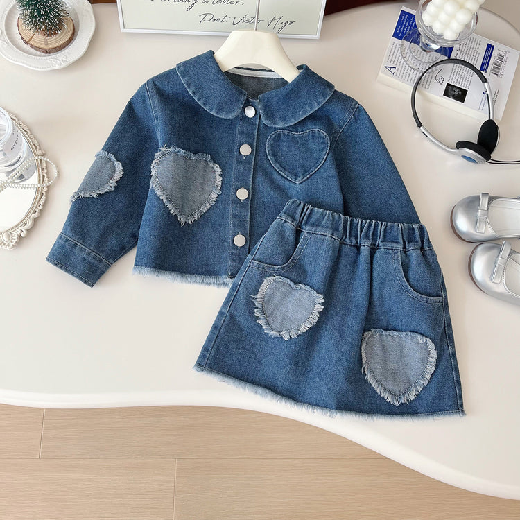 Girls Denim Suit Patchwork Heart Jacket Denim Skirt Two-piece Set