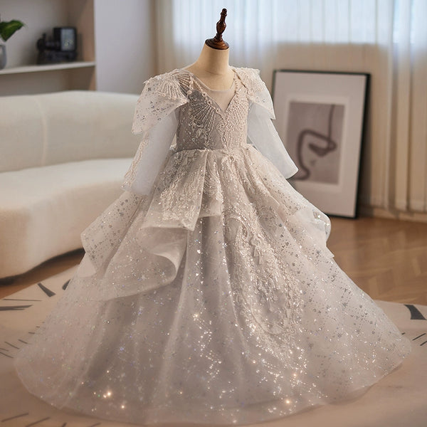 Elegant Baby Girls Jacquard Sequin Silver Long Sleeve Birthday Dress
