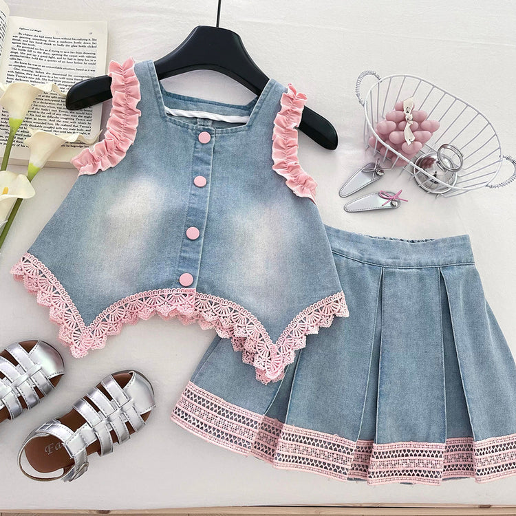 Girls' New Summer Lace Sleeveless Top Skirt Denim Two-piece Suit