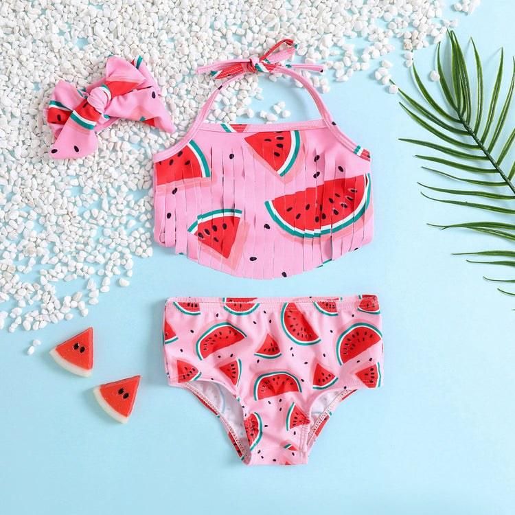 Baby Girls Swimsuit Set Cute Watermelon Bikini 3-piece Bowknot Swimsuit