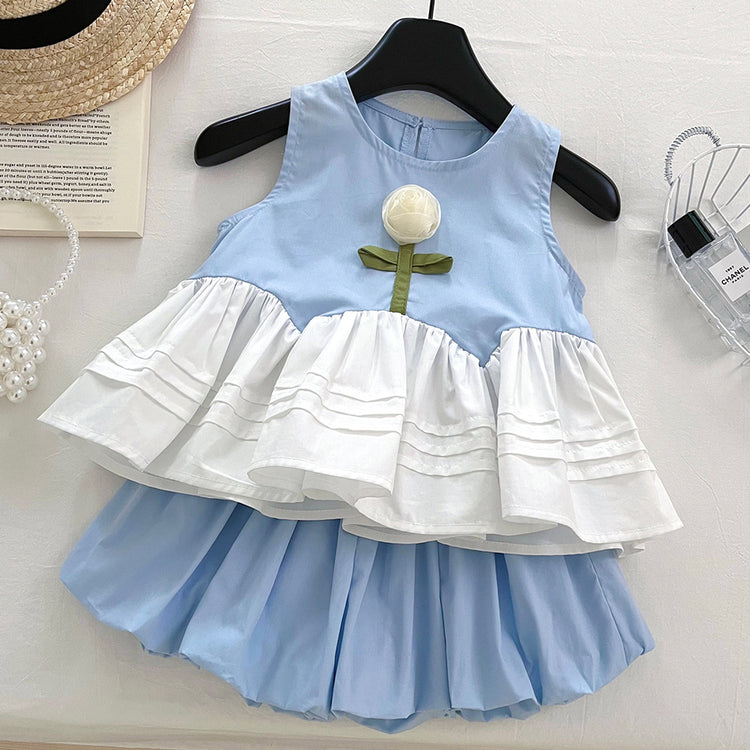 Summer Girls Fluffy Shorts Set Spliced Flower Top Two-piece Set