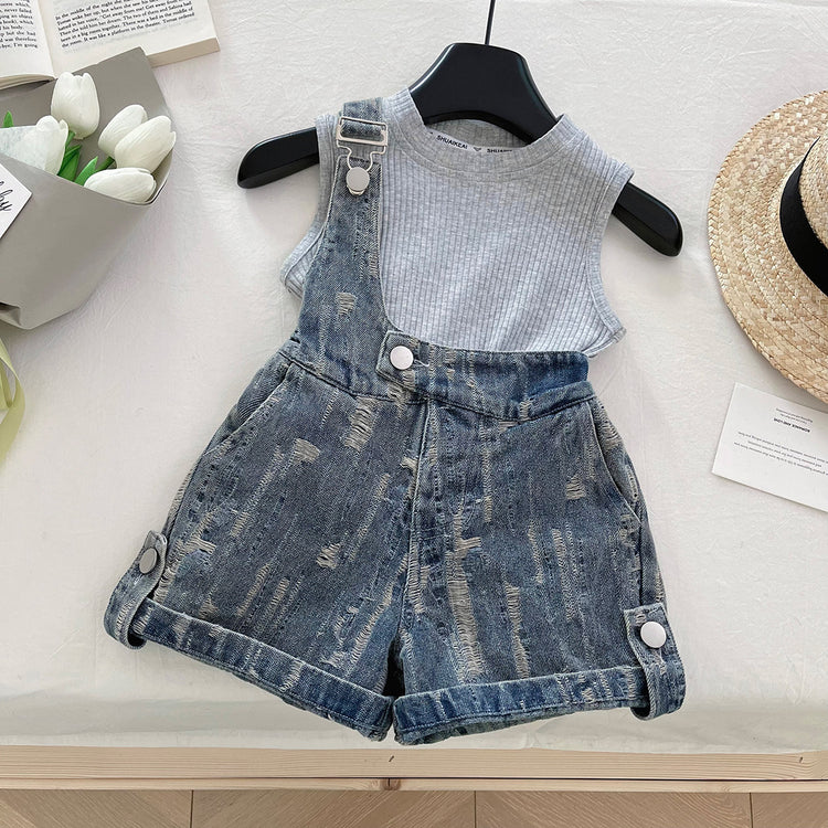 Girls Suit Summer New Knitted Vest Denim Overalls Two-piece Suit