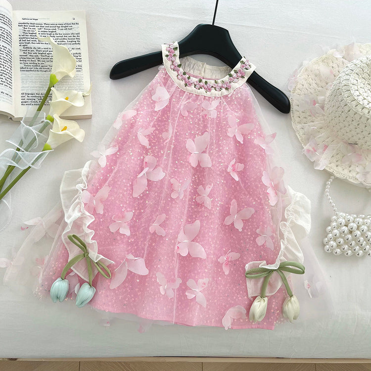 Girls Summer New Cute 3D Butterfly Lace Mesh Dress
