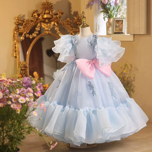 Girls Blue Birthday Dress Children's Puffy Party Princess Dress