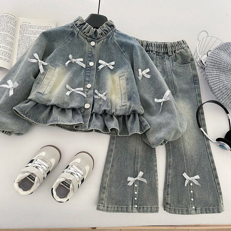 Girls' Denim Bow Beaded Jacket and Jeans Two-Piece Set