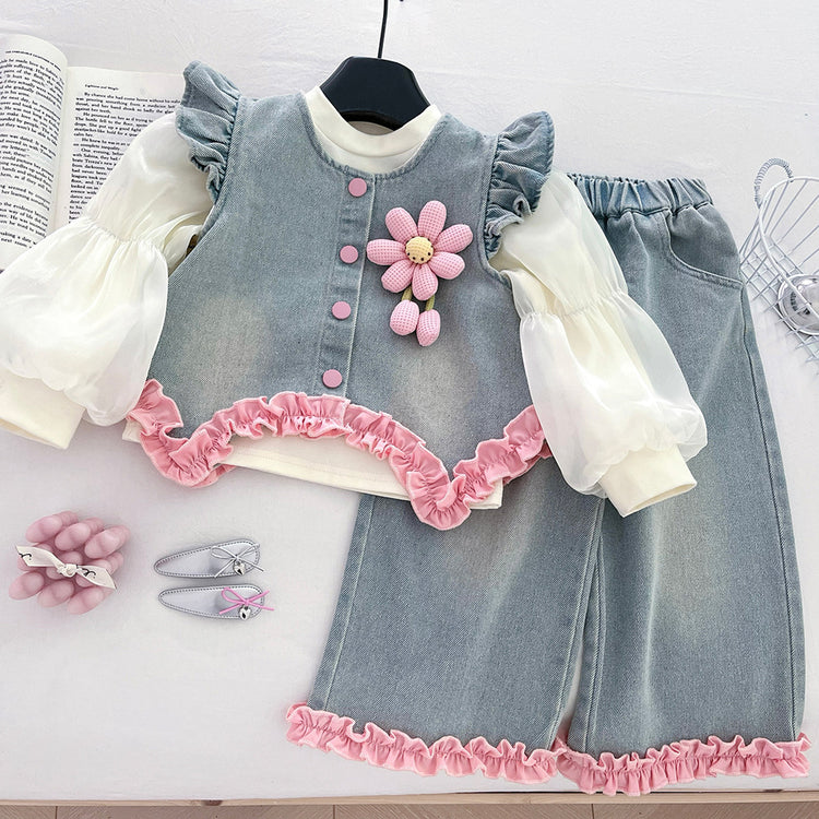 Girls' Autumn Denim Vest Shirt Wide-Leg Pants Three-Piece Set
