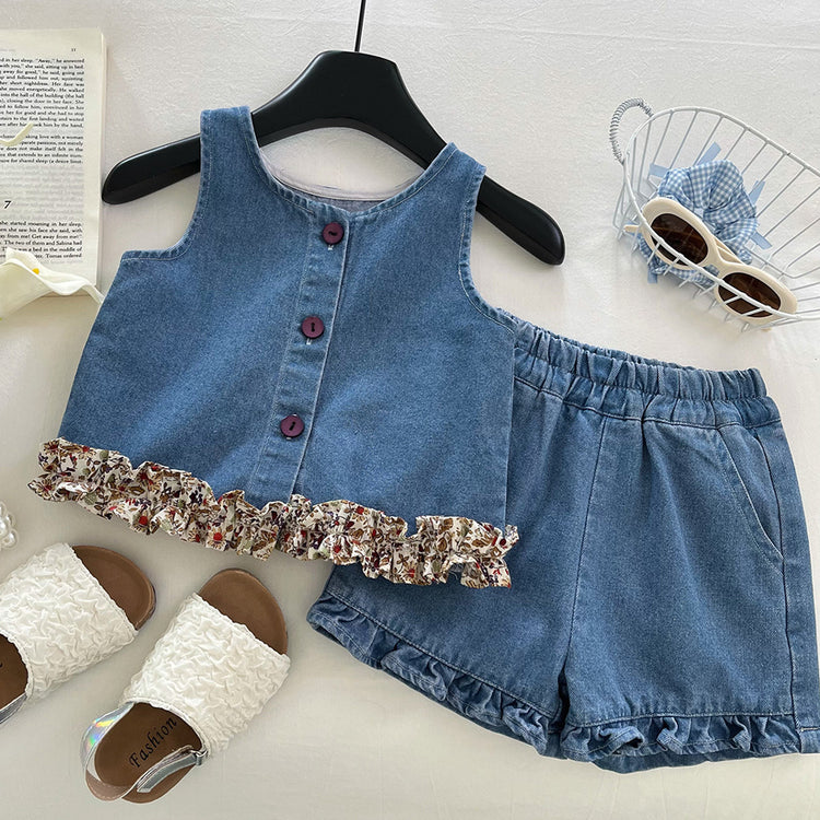 Girls Summer New Lace Soft Denim Vest Shorts Two-piece Set