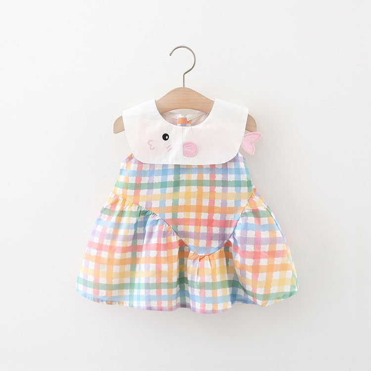 Girls Sleeveless Lapel Embroidered Fish Cotton Plaid Dress