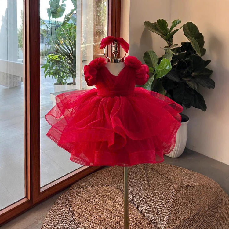 Girls Birthday Dress Baby Red Bow Princess Dress