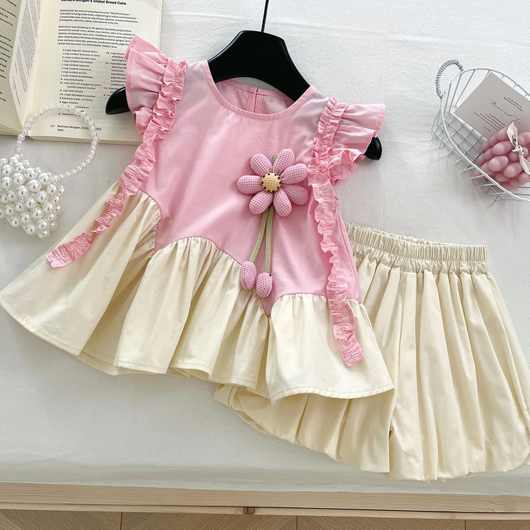 Girls' summer flower small flying sleeves two-piece suit
