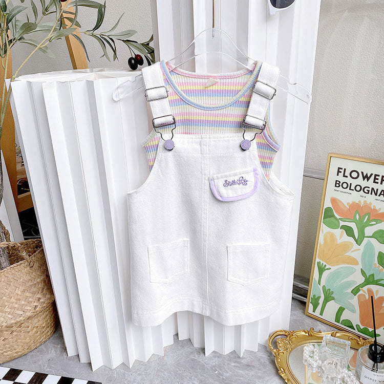 Cute Girls' Colorful Striped Top and Suspender Denim Skirt Two-piece Set