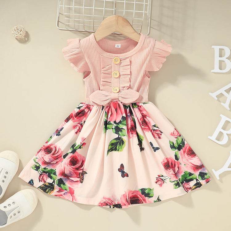 Summer Girls Flying Stitching Flower Print Dress